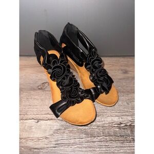 Patrizia Women Black Floral Wedge Sandals Zipper Ankle Straps Size 36